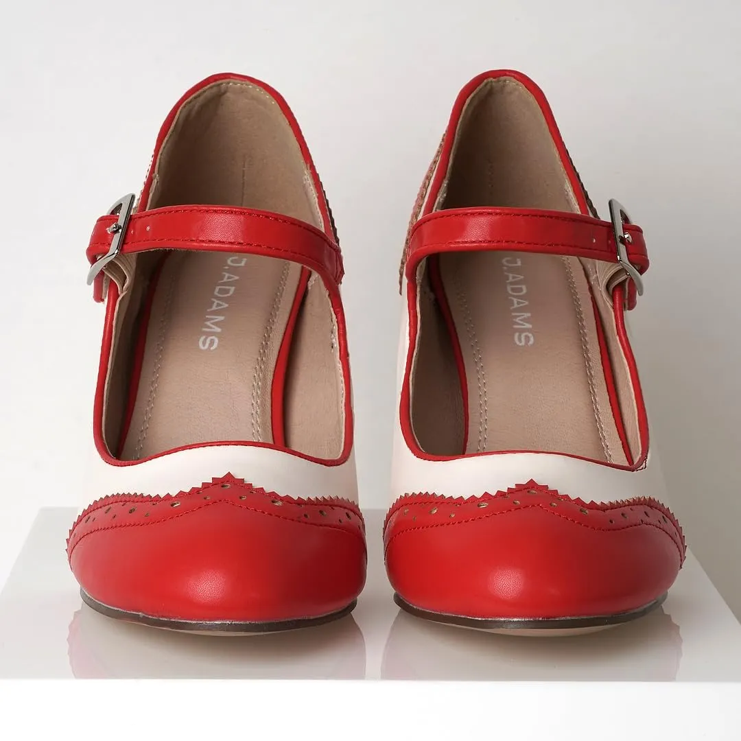 J. Adams Mary Jane Oxford Pumps - Cute Low Kitten Heels - Retro Round Toe Shoe with Ankle Strap - Kym