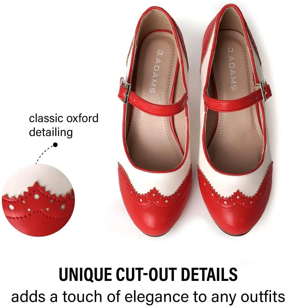 J. Adams Mary Jane Oxford Pumps - Cute Low Kitten Heels - Retro Round Toe Shoe with Ankle Strap - Kym