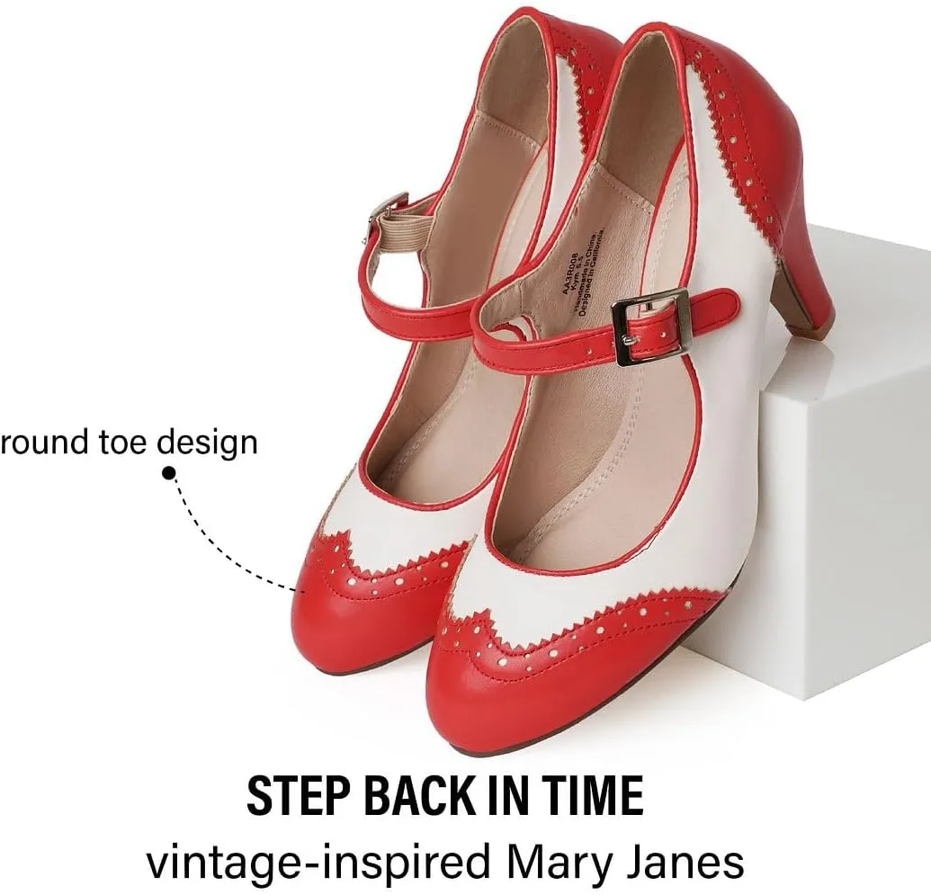 J. Adams Mary Jane Oxford Pumps - Cute Low Kitten Heels - Retro Round Toe Shoe with Ankle Strap - Kym