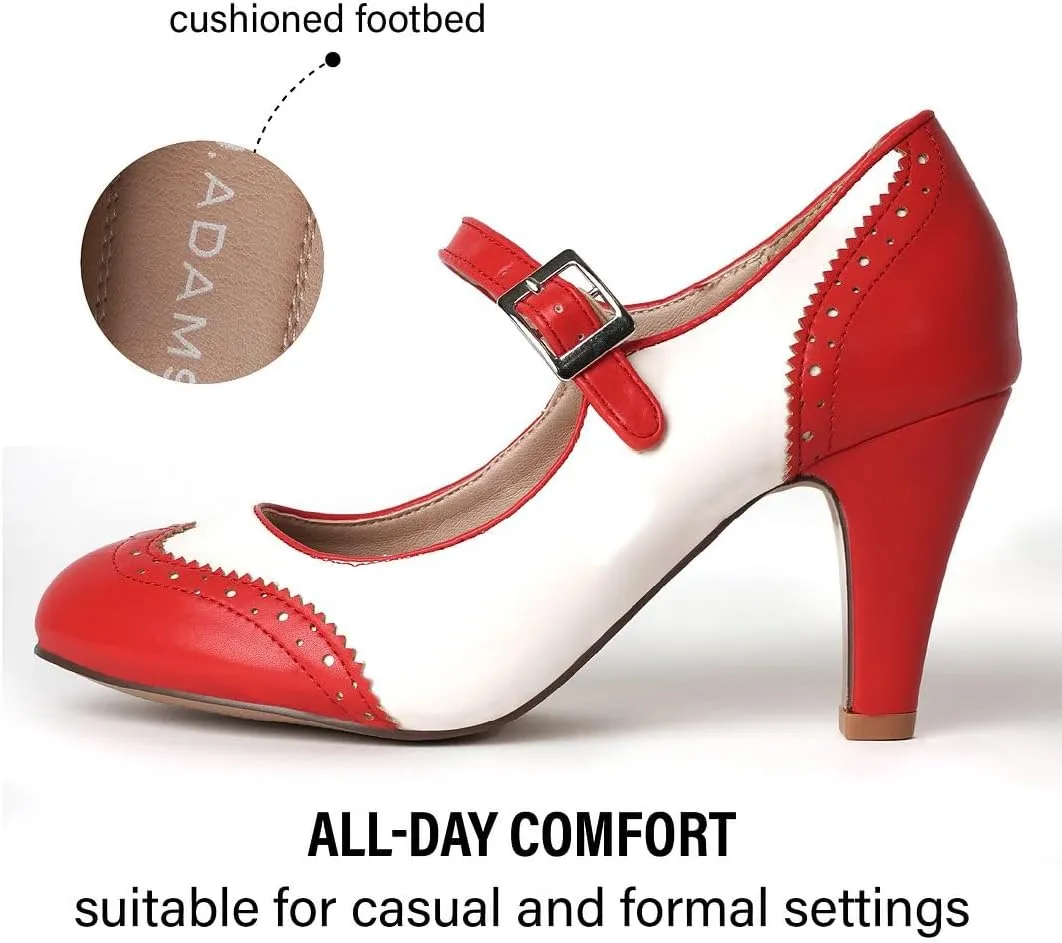 J. Adams Mary Jane Oxford Pumps - Cute Low Kitten Heels - Retro Round Toe Shoe with Ankle Strap - Kym