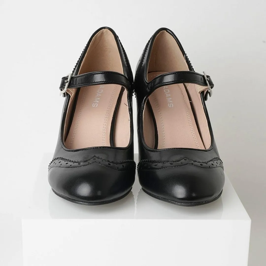 J. Adams Mary Jane Oxford Pumps - Cute Low Kitten Heels - Retro Round Toe Shoe with Ankle Strap - Kym