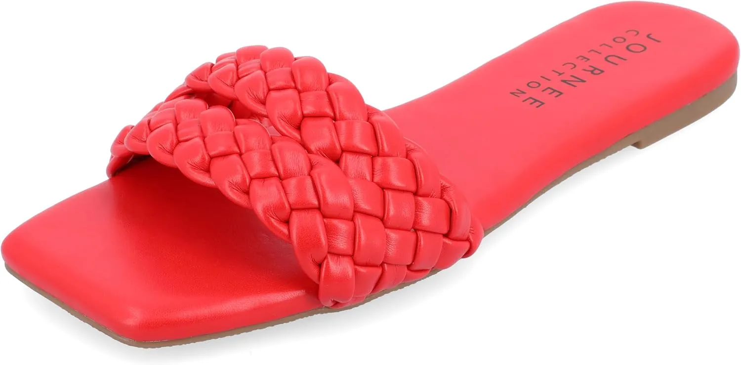 Journee Braided Open Square Toe Banded Flat Slip On Padded Sawyerr Casual Fashion Woven Slide Sandals