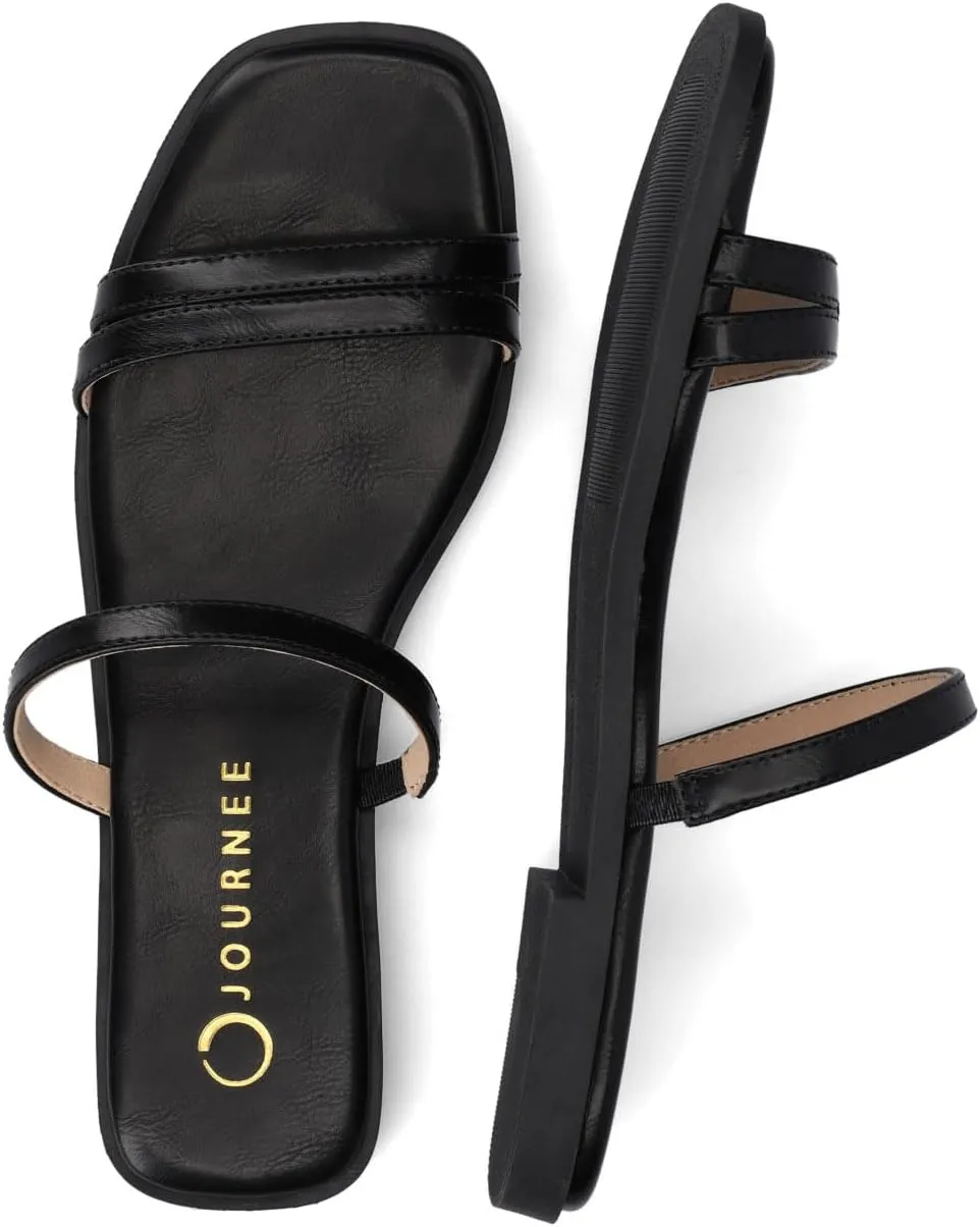 Journee Collection Womens Brisa Slip On Flat Sandals Multi Strap Cushioned Open Square Toe Spring Summer Shoe