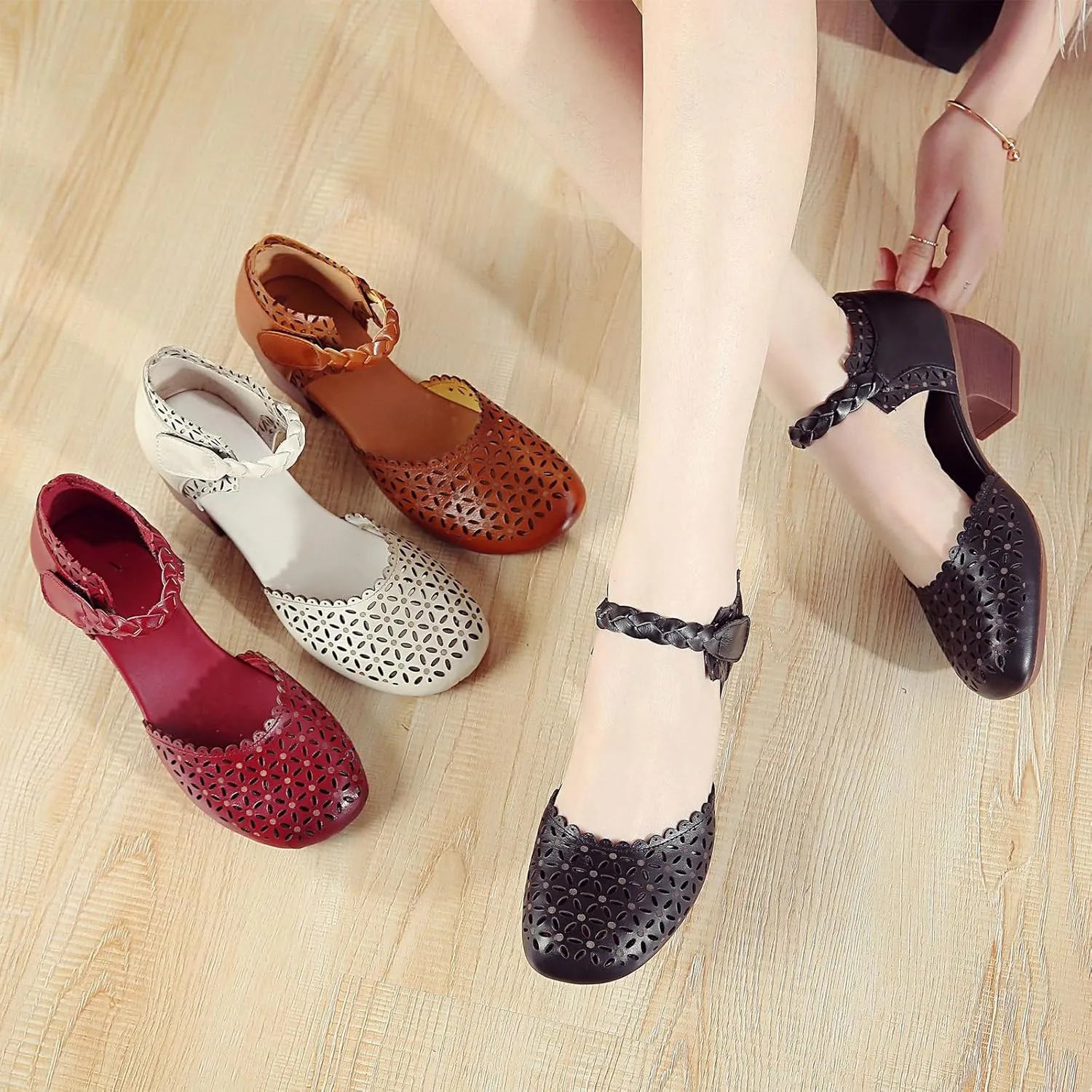 Keilinia Women's Closed Toe Low Chunky Block Heel Sandals,Vintage Comfort Cutout Woven Ankle Strap Dress Oxford Casual Shoes