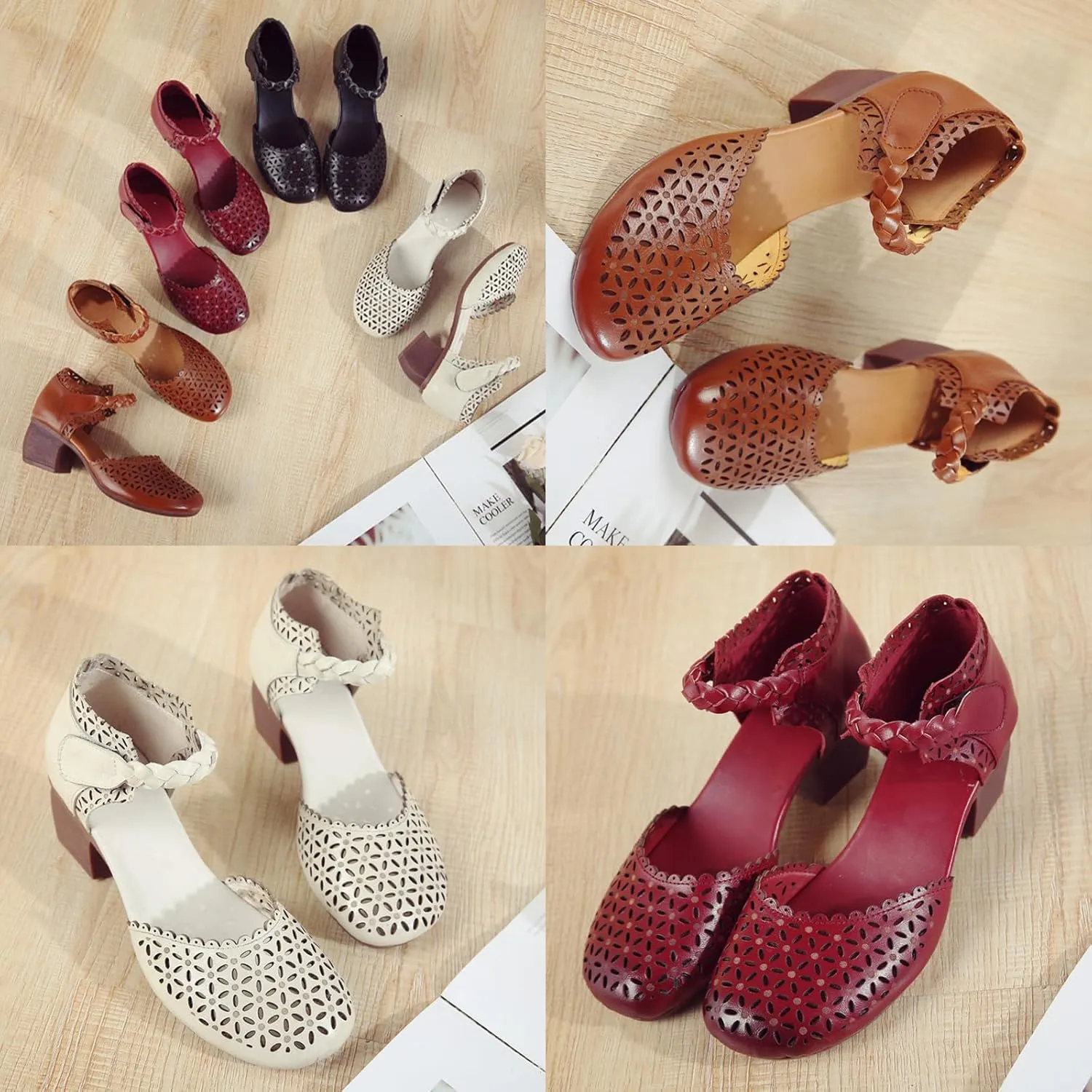 Keilinia Women's Closed Toe Low Chunky Block Heel Sandals,Vintage Comfort Cutout Woven Ankle Strap Dress Oxford Casual Shoes