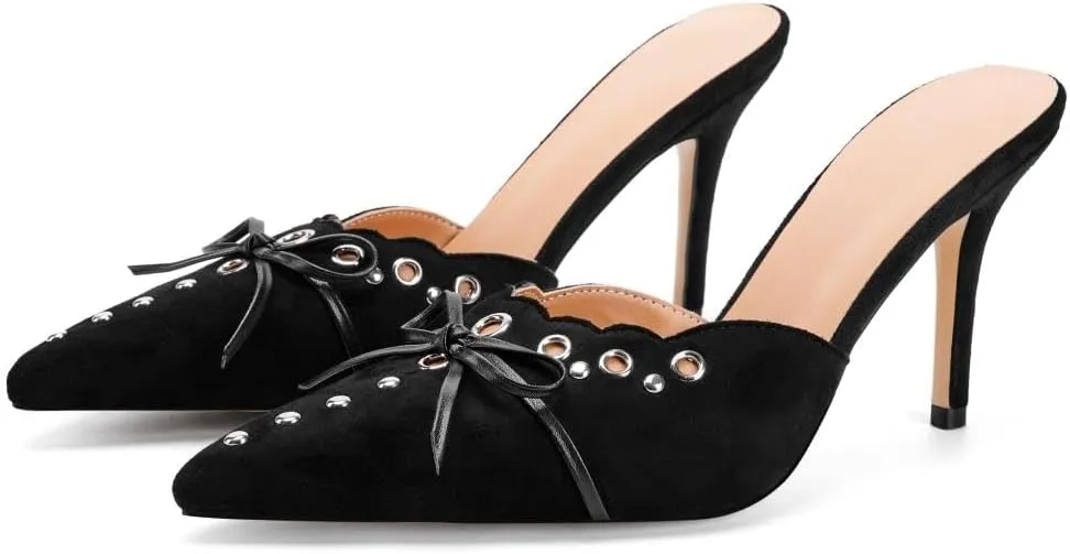 keleimusi Mid Heel Slip On Suede Pumps Studded Bow Heeled Mules Sandals Pointed Toe Shoes for Women