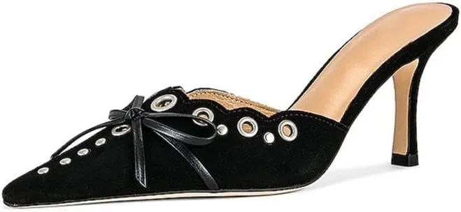keleimusi Mid Heel Slip On Suede Pumps Studded Bow Heeled Mules Sandals Pointed Toe Shoes for Women