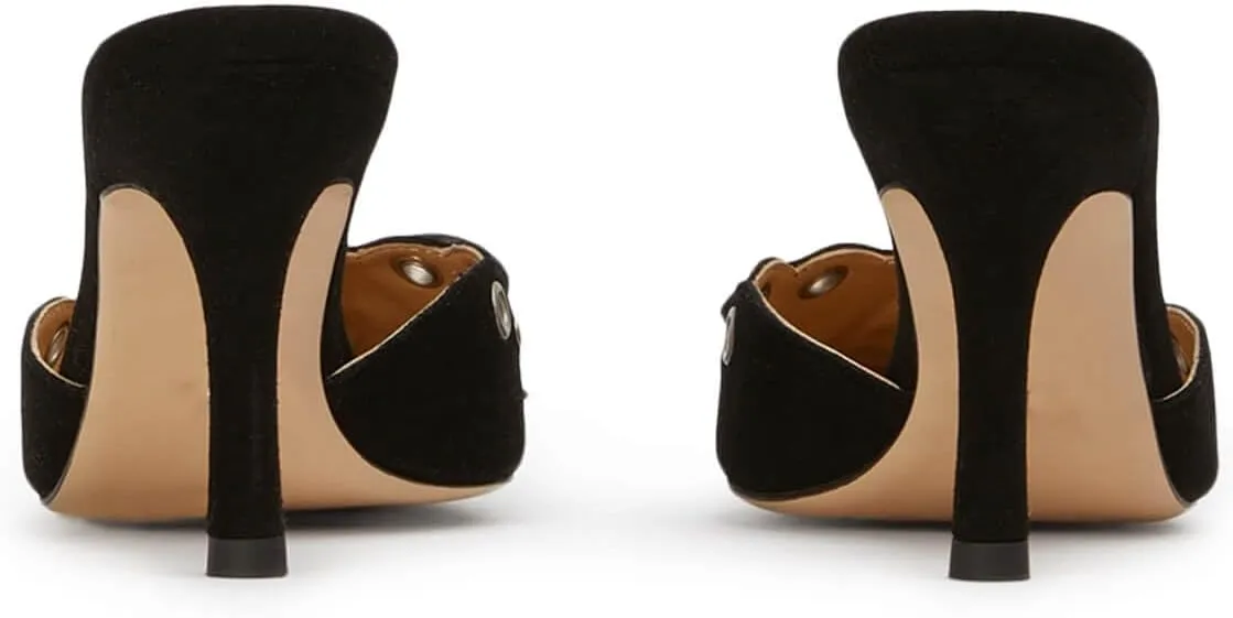 keleimusi Mid Heel Slip On Suede Pumps Studded Bow Heeled Mules Sandals Pointed Toe Shoes for Women