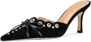 keleimusi Mid Heel Slip On Suede Pumps Studded Bow Heeled Mules Sandals Pointed Toe Shoes for Women