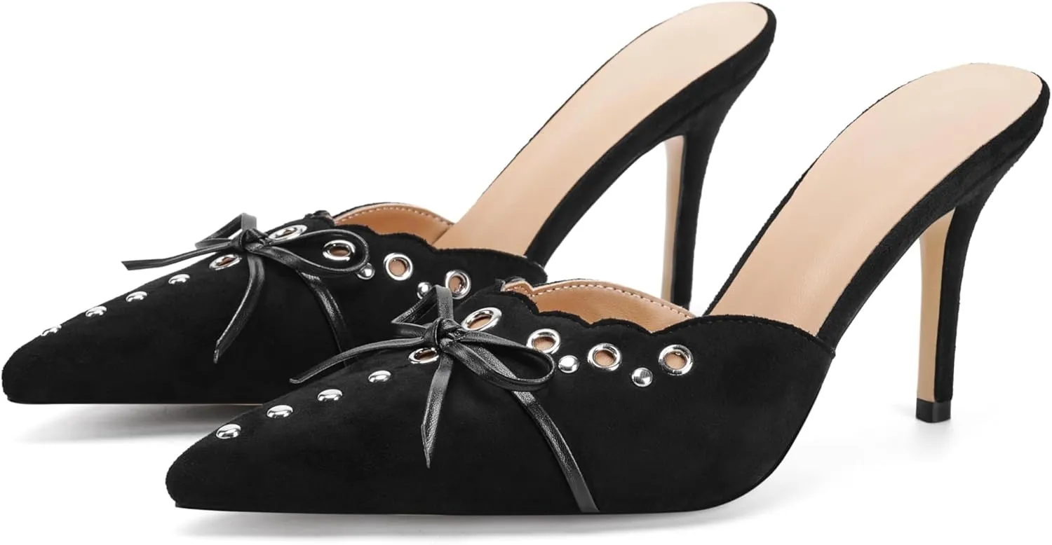 keleimusi Mid Heel Slip On Suede Pumps Studded Bow Heeled Mules Sandals Pointed Toe Shoes for Women