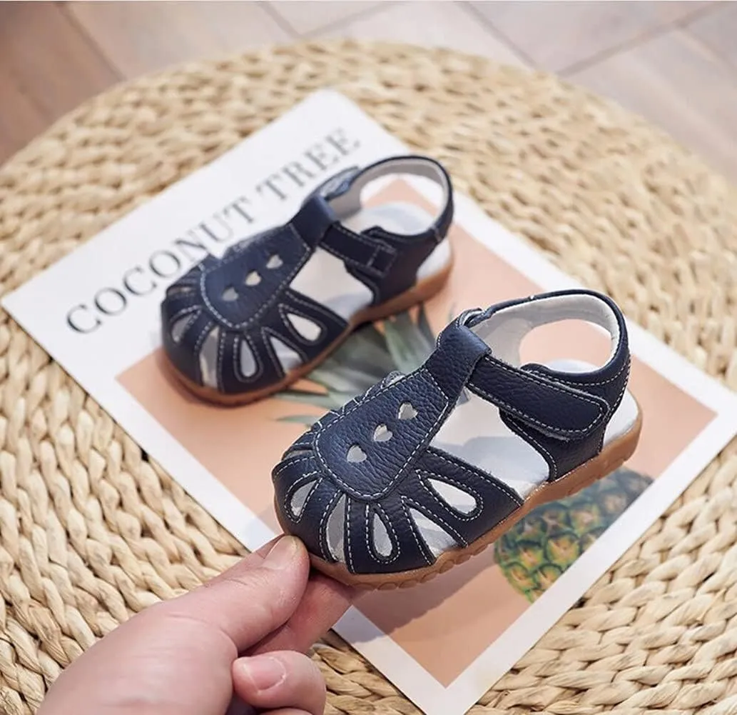 Kid Girl's Leather Closed Toe T-Strap Sandals Summer Ourdoor Cutout Princess Dress Flat Shoes