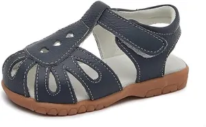 Kid Girl's Leather Closed Toe T-Strap Sandals Summer Ourdoor Cutout Princess Dress Flat Shoes