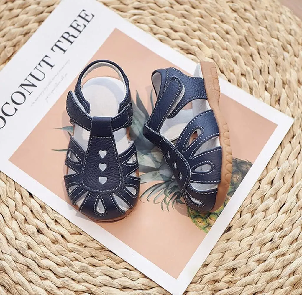 Kid Girl's Leather Closed Toe T-Strap Sandals Summer Ourdoor Cutout Princess Dress Flat Shoes