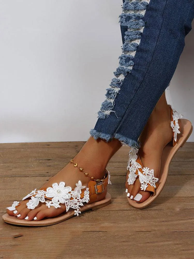 Lace Floral Flat Sandals