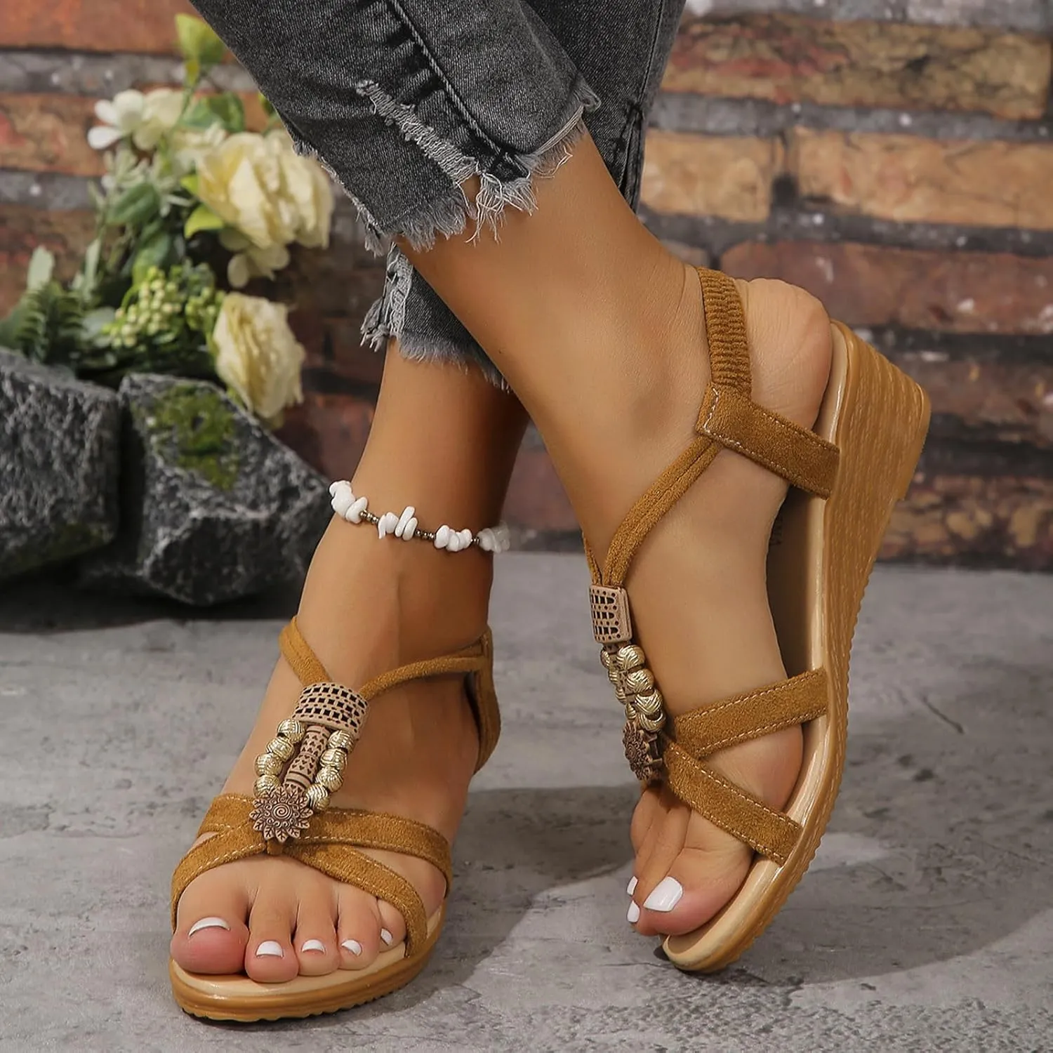 Ladies Summer Retro Bohemian Beaded Milled Velvet Open Toe Beach Outwear Plus Size Wedding Shoes for Sandals Women