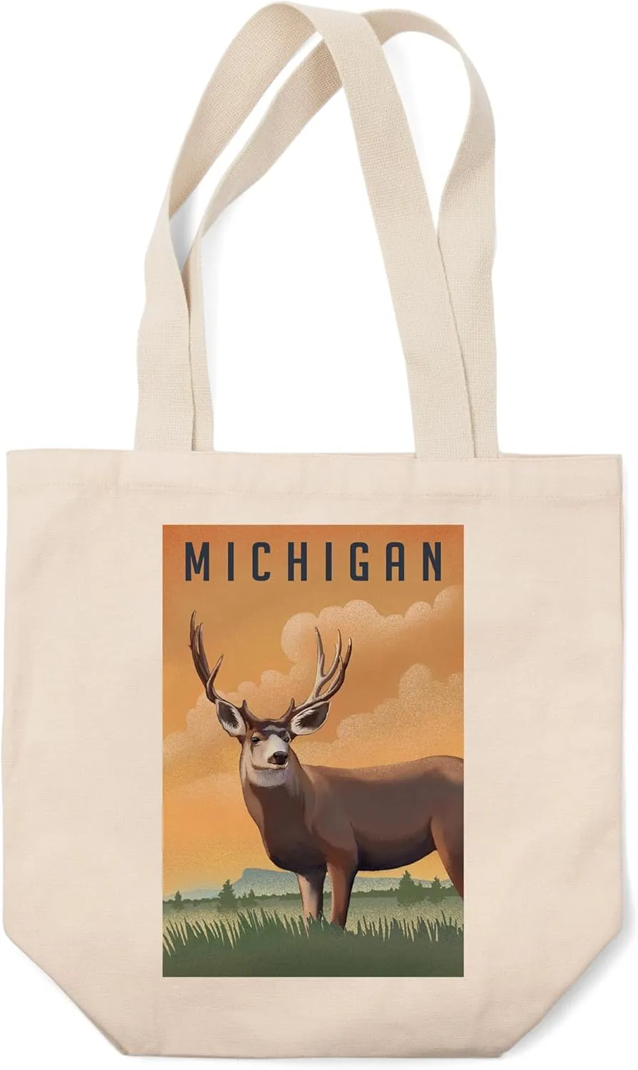 Lantern Press Michigan, Mule Deer, Litho (100% Cotton Canvas Reusable Tote Bag)