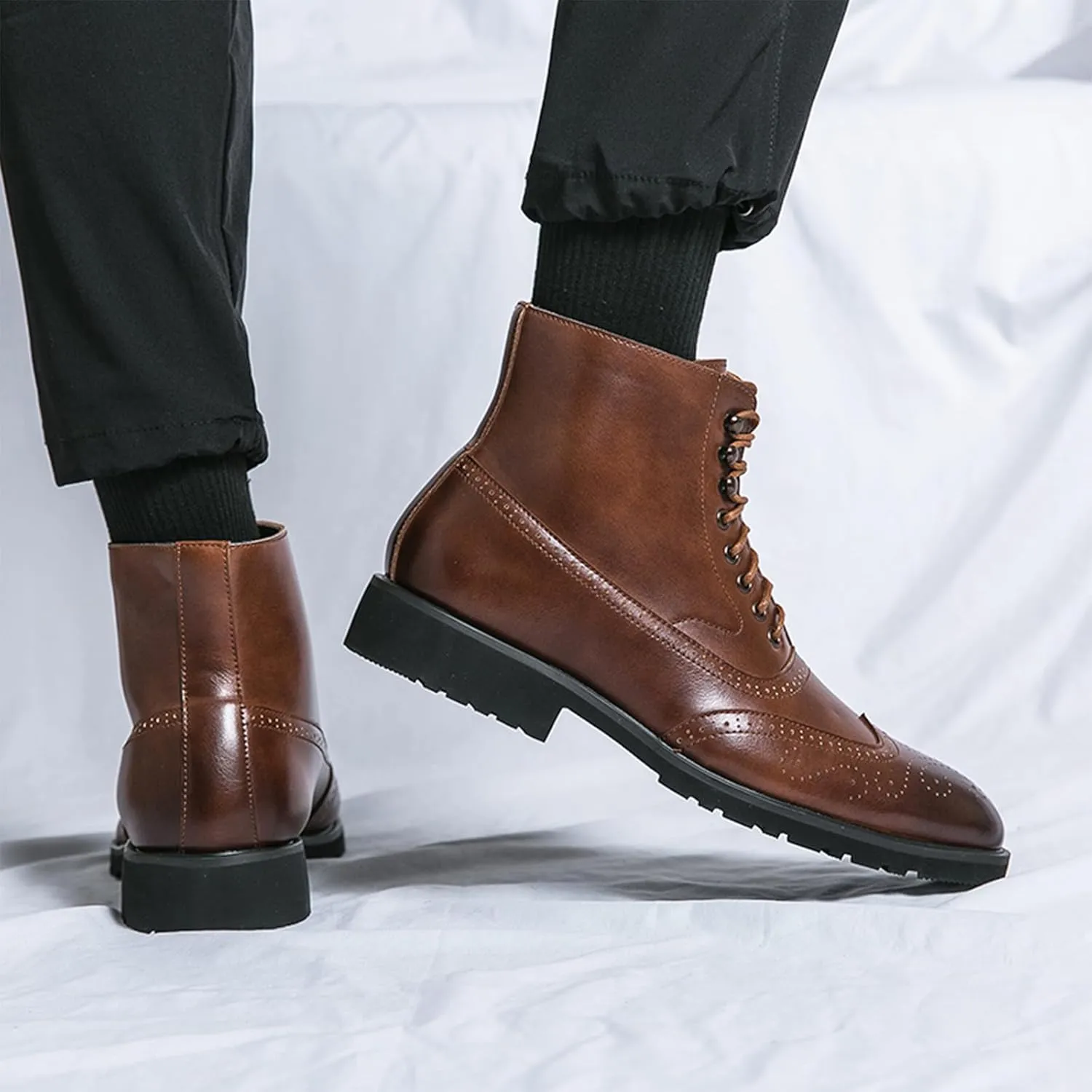 Lossarye Men's Wingtip Brogue Dress Boots,Fashion Leather High Top Lace Up Oxford Ankle Boots Business Casual Chukka Boot