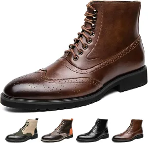 Lossarye Men's Wingtip Brogue Dress Boots,Fashion Leather High Top Lace Up Oxford Ankle Boots Business Casual Chukka Boot