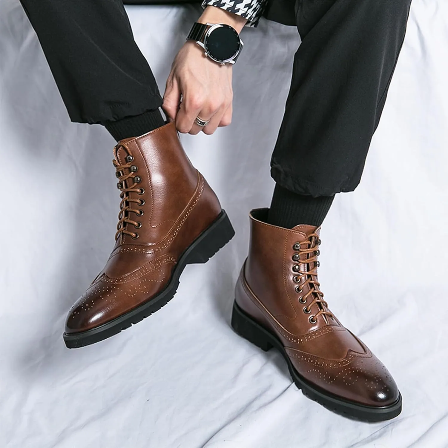 Lossarye Men's Wingtip Brogue Dress Boots,Fashion Leather High Top Lace Up Oxford Ankle Boots Business Casual Chukka Boot