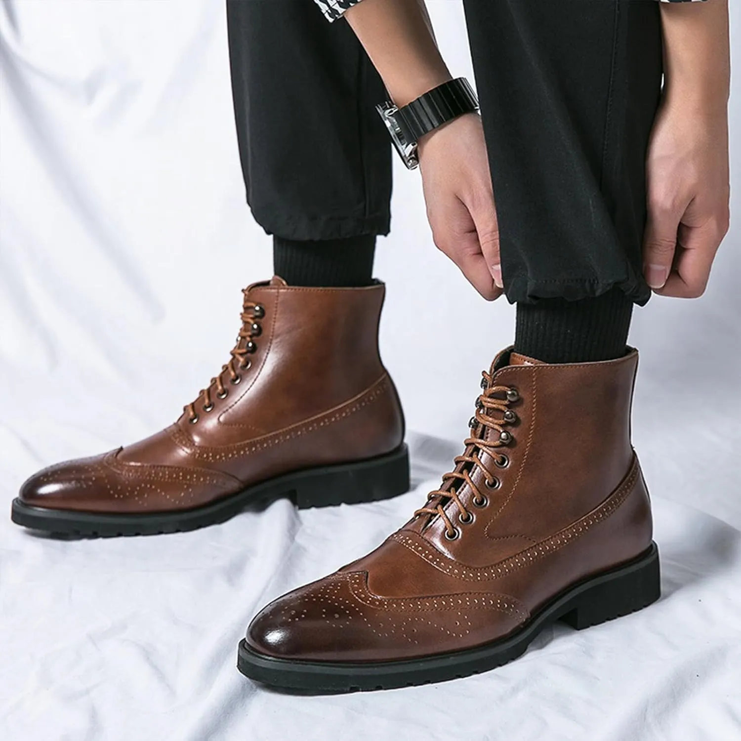 Lossarye Men's Wingtip Brogue Dress Boots,Fashion Leather High Top Lace Up Oxford Ankle Boots Business Casual Chukka Boot