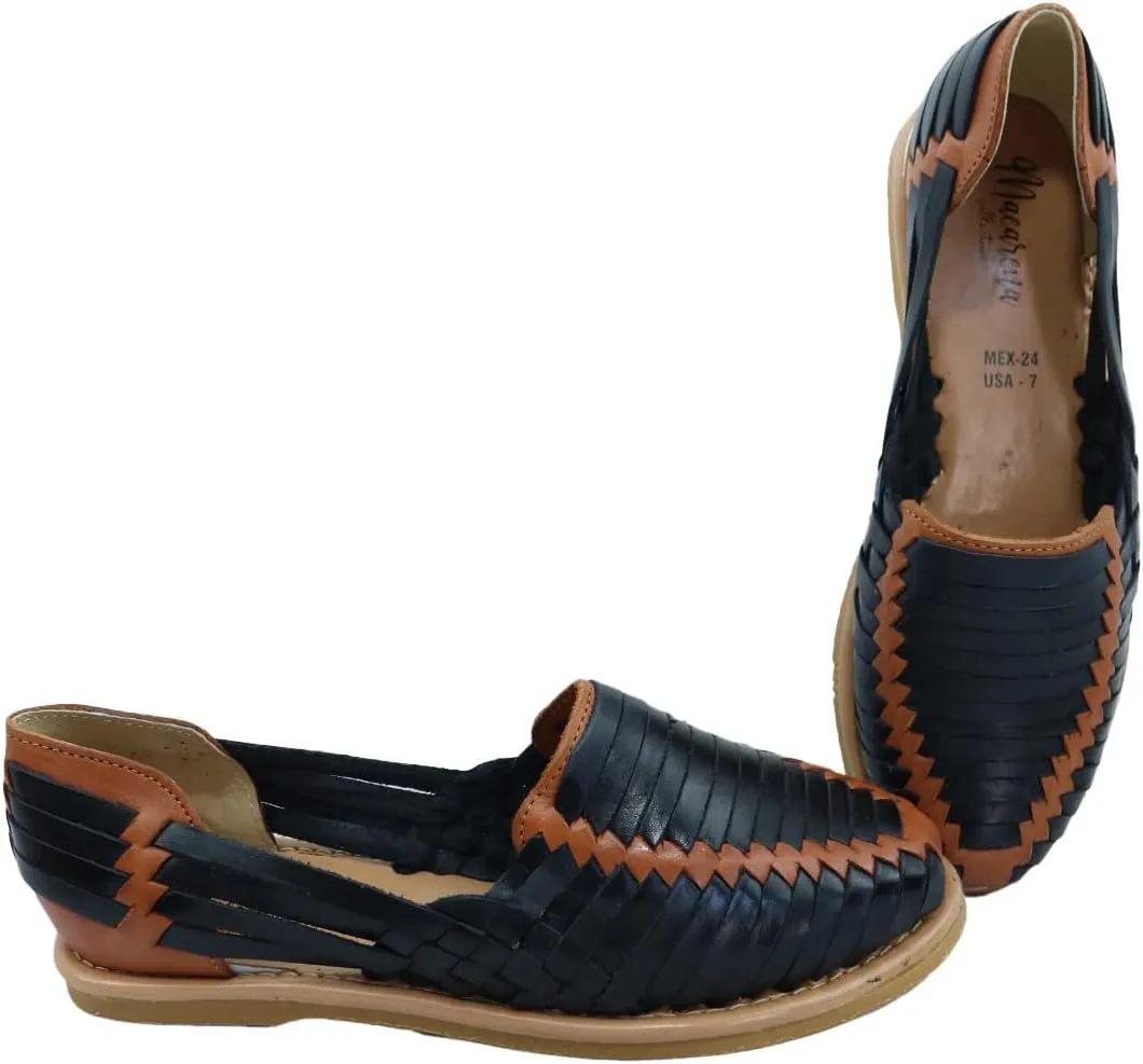 Macarena Collection Sandals women Huarache Sandal Colorful Leather Mexican Style Color Black with shedron 102