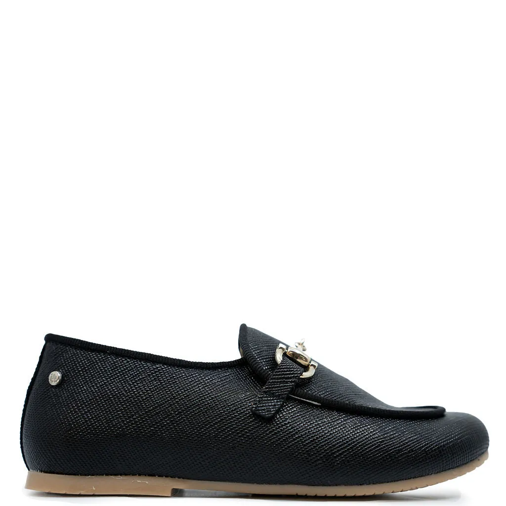 Manuela Black Textured Buckle Loafer