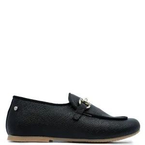 Manuela Black Textured Buckle Loafer