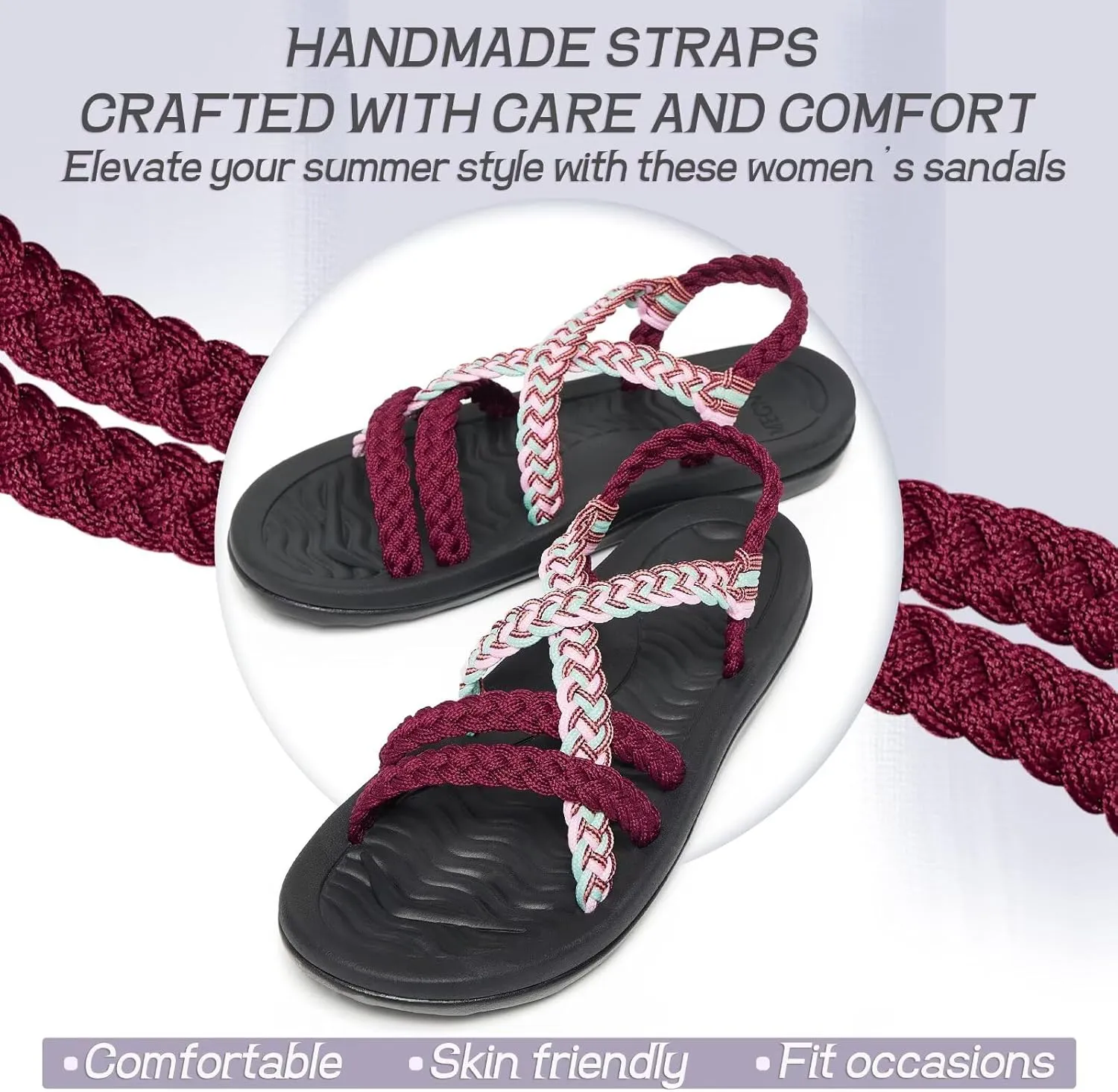 MEGNYA Women's Comfortable Walking Sandals with Arch Support, Athletic Hiking Sandals with Handmade Straps, Outdoor Soft Water Sandals for Beach Poolside Travel Camping