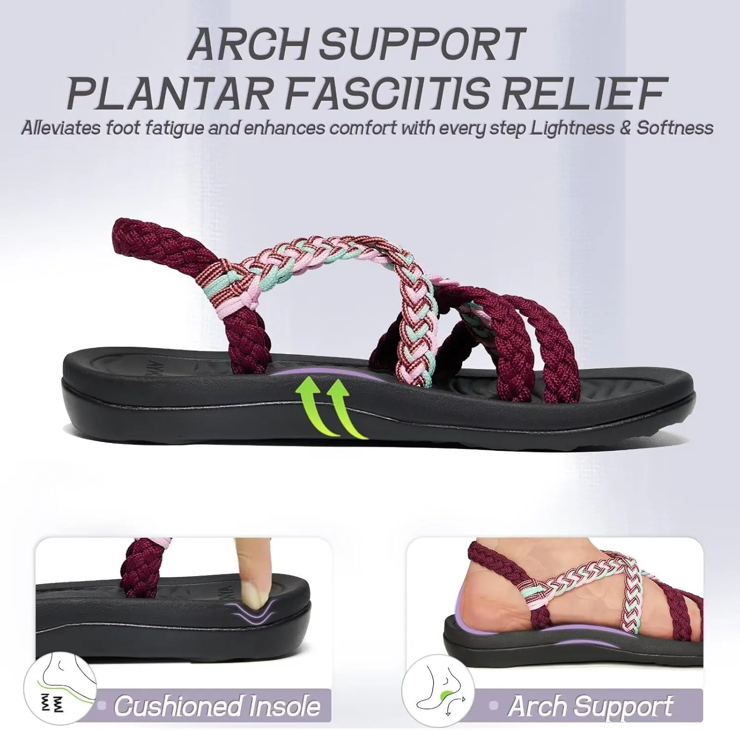 MEGNYA Women's Comfortable Walking Sandals with Arch Support, Athletic Hiking Sandals with Handmade Straps, Outdoor Soft Water Sandals for Beach Poolside Travel Camping