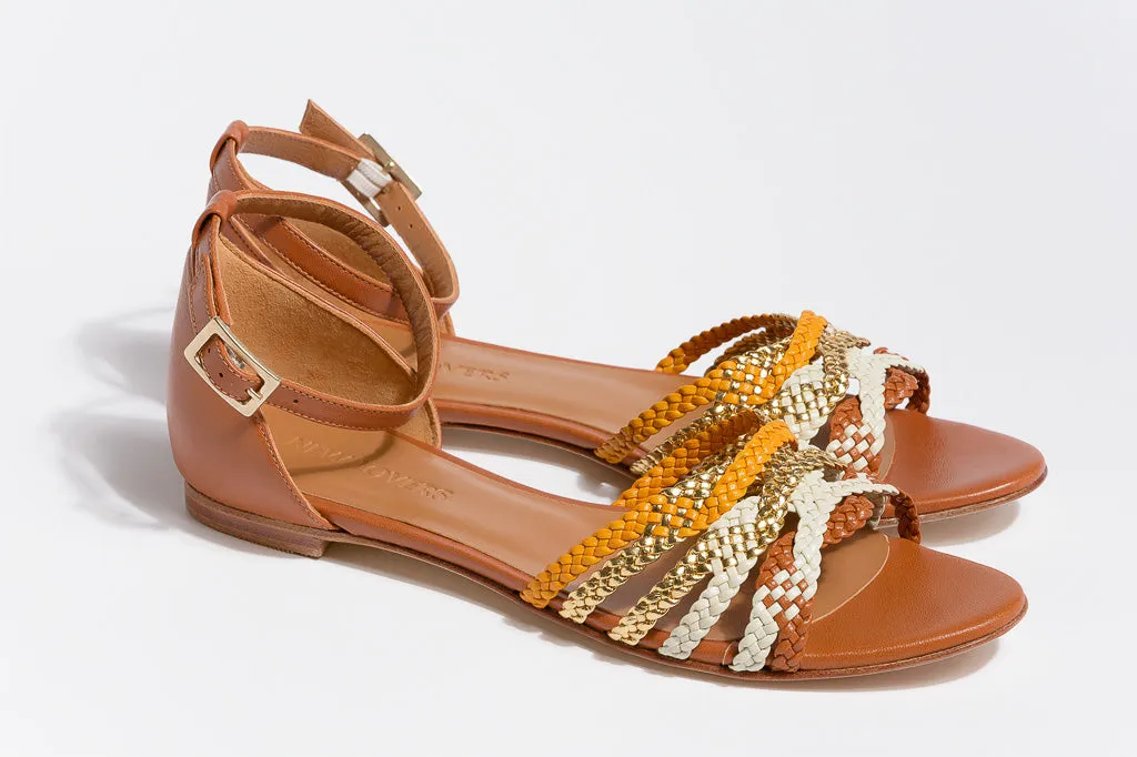 MENPHIS Handbraided Tan Gold Flat Sandals