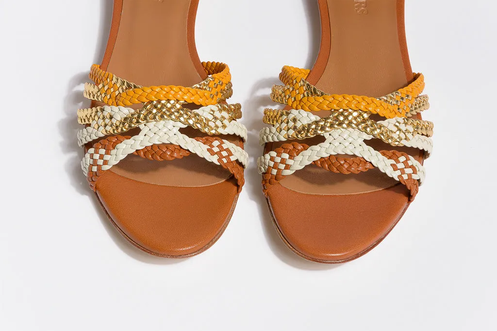 MENPHIS Handbraided Tan Gold Flat Sandals