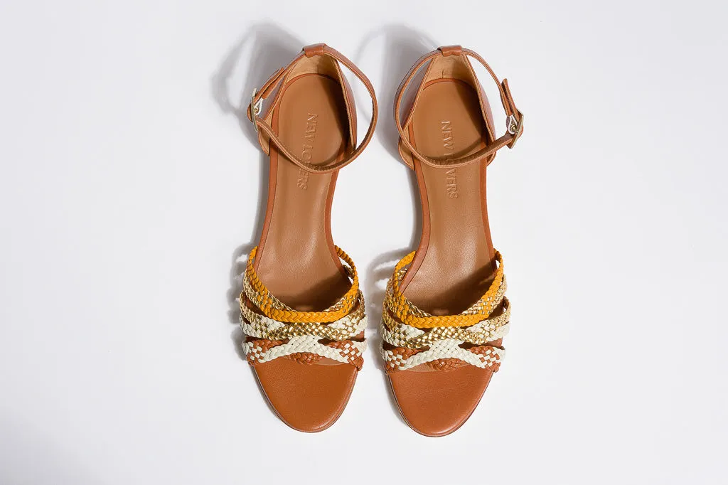 MENPHIS Handbraided Tan Gold Flat Sandals
