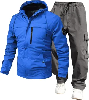 Men’s 2 Piece Tracksuit Windbreaker Sets Hooded Windproof Rain Jackets Hiking Work Pants Outfits with Multi Pockets