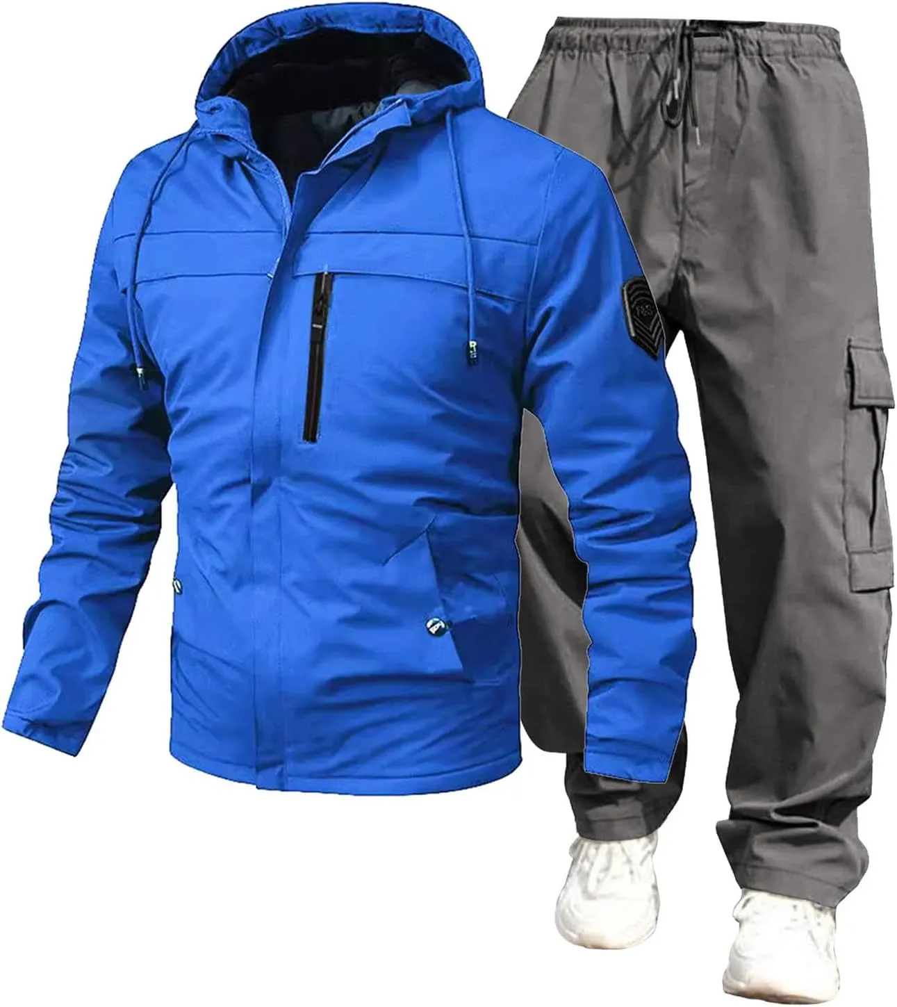 Men’s 2 Piece Tracksuit Windbreaker Sets Hooded Windproof Rain Jackets Hiking Work Pants Outfits with Multi Pockets