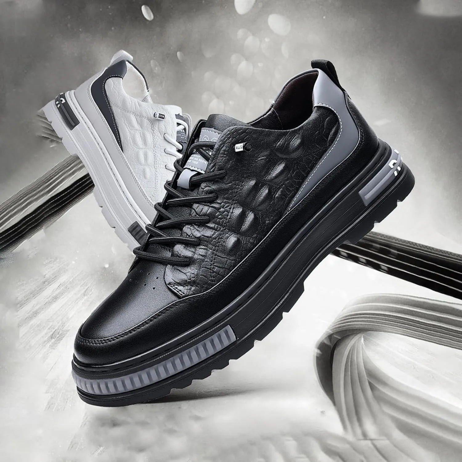 Men's Crocodile Pattern Waterproof Cowhide Shoes,Height Lifting Non-Slip Casual Softsole Oxford Fashion Leather Lace-Up Sneaker