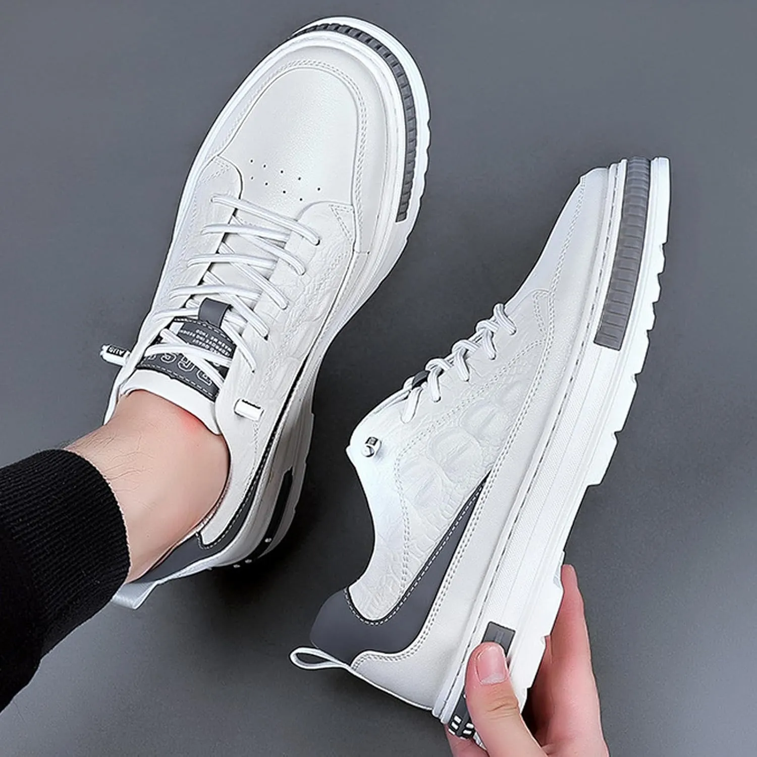 Men's Crocodile Pattern Waterproof Cowhide Shoes,Height Lifting Non-Slip Casual Softsole Oxford Fashion Leather Lace-Up Sneaker