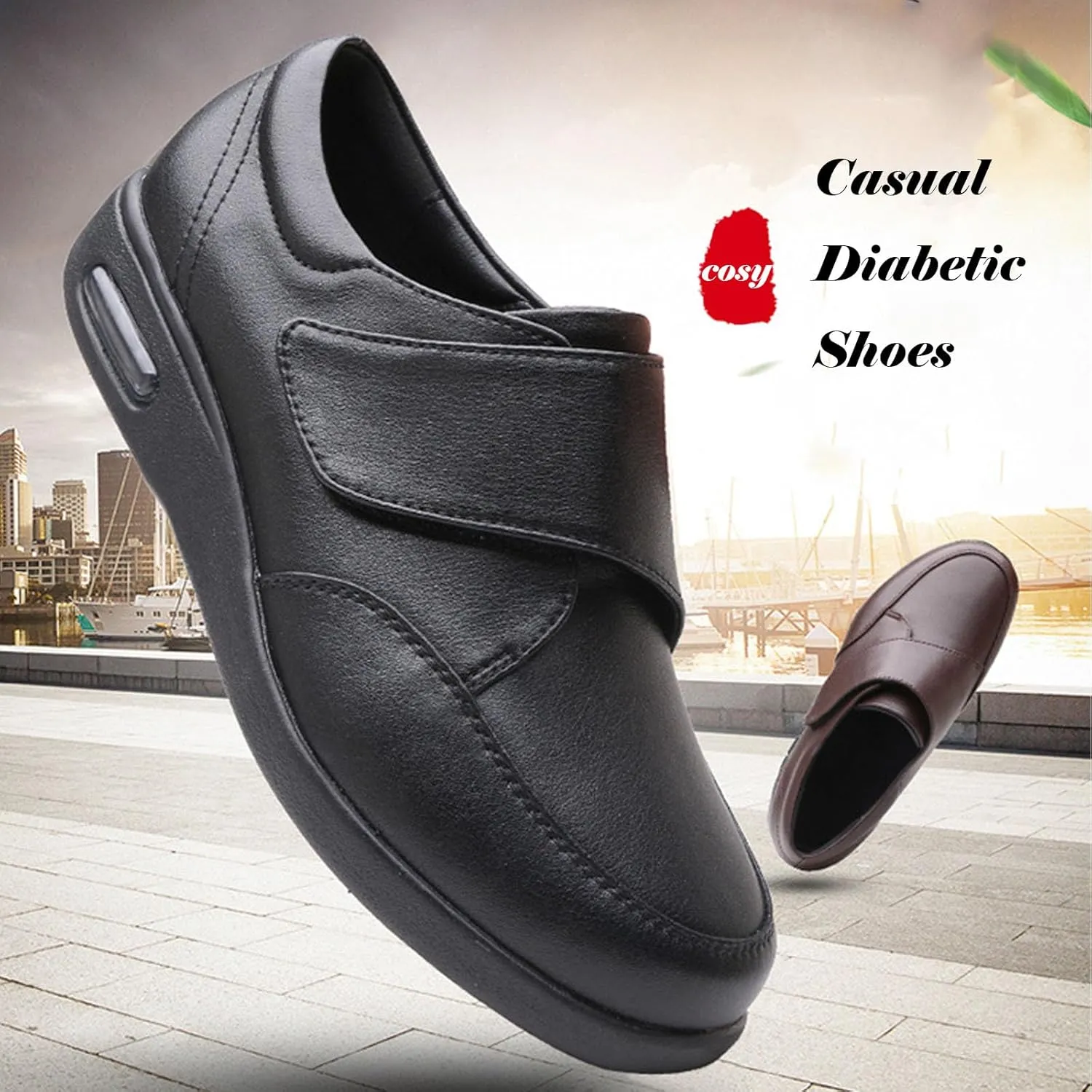 Men's Diabetic Shoes Wide Width Shoes,Leather Extra Wide Walking Shoes for Edema Hook and Loop Recovery Oxford Shoes for Swollen Feet