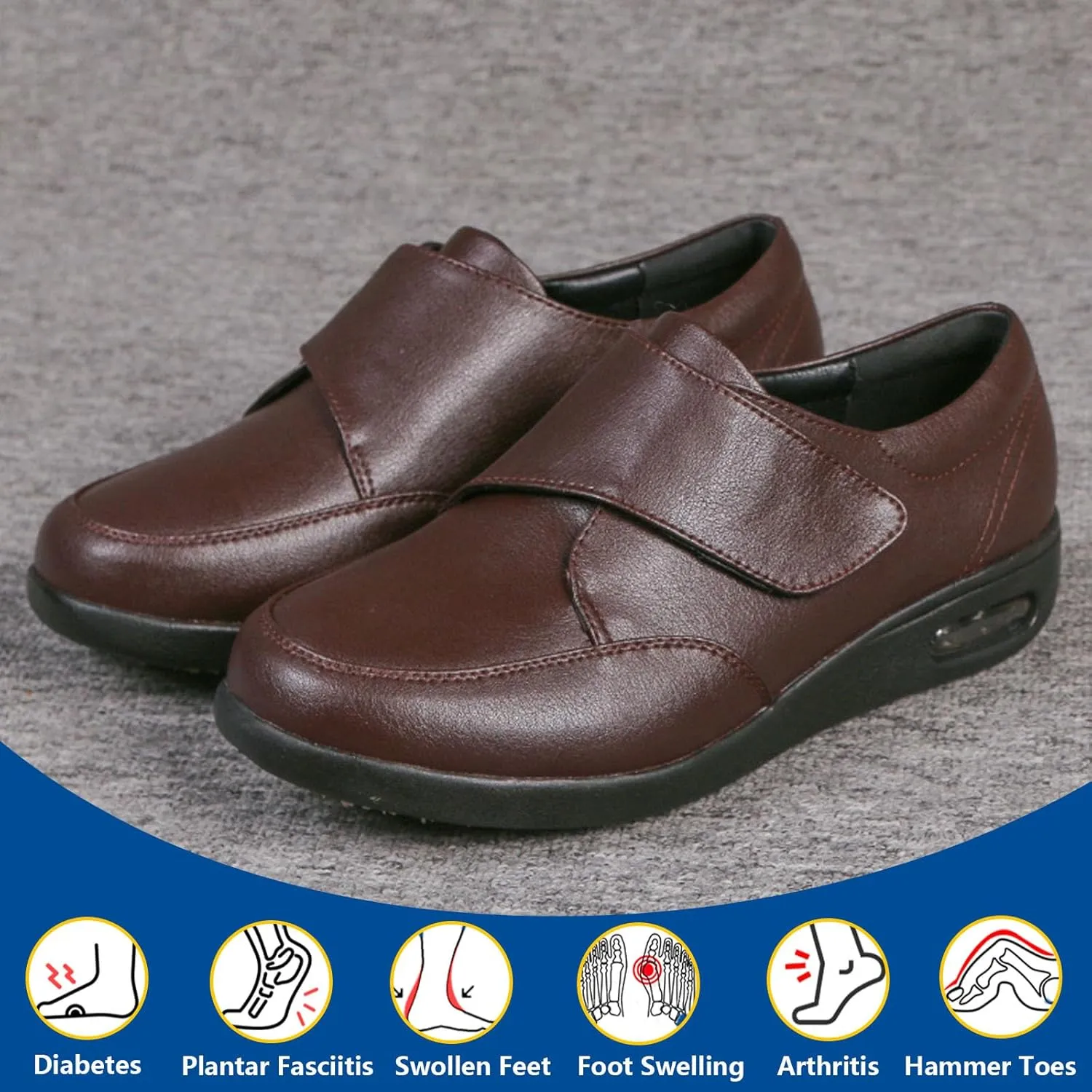 Men's Diabetic Shoes Wide Width Shoes,Leather Extra Wide Walking Shoes for Edema Hook and Loop Recovery Oxford Shoes for Swollen Feet