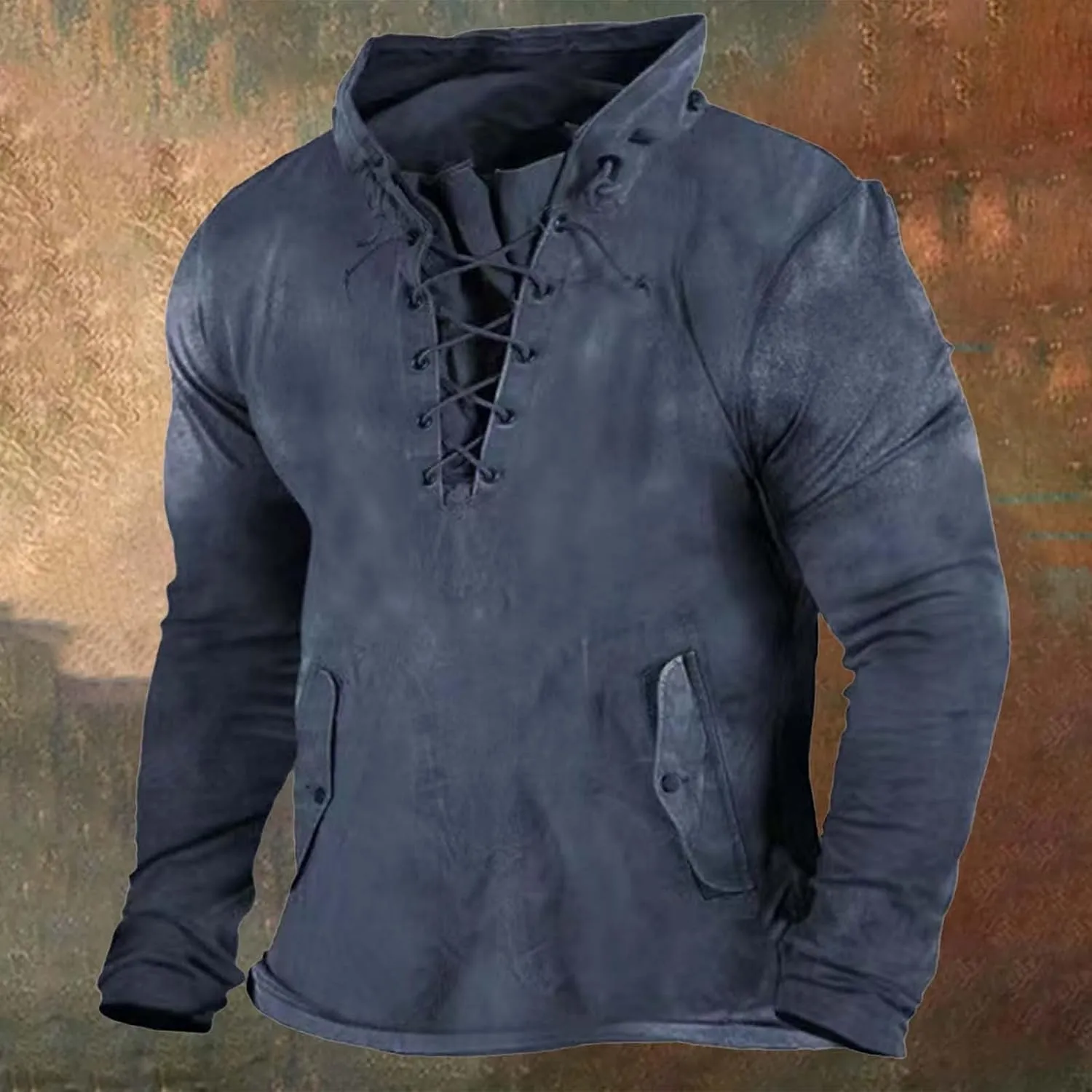 Men's Lace Up Distressed Hoodie Washed Distressed Work Military Tactical Pollover Tops Outdoor Sport Sweatshirt with Pockets