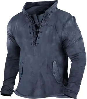 Men's Lace Up Distressed Hoodie Washed Distressed Work Military Tactical Pollover Tops Outdoor Sport Sweatshirt with Pockets