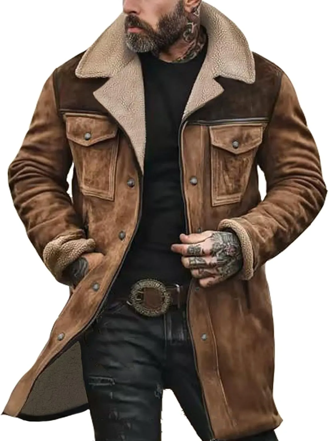 Mens Suede Long Trench Coats Washed Distressed Western Vintage Jackets Big&Tall Fleece Warm Pea Coat Military Windbreaker