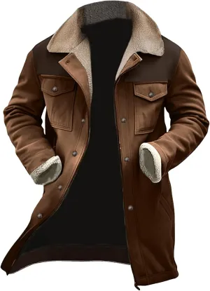 Mens Suede Long Trench Coats Washed Distressed Western Vintage Jackets Big&Tall Fleece Warm Pea Coat Military Windbreaker
