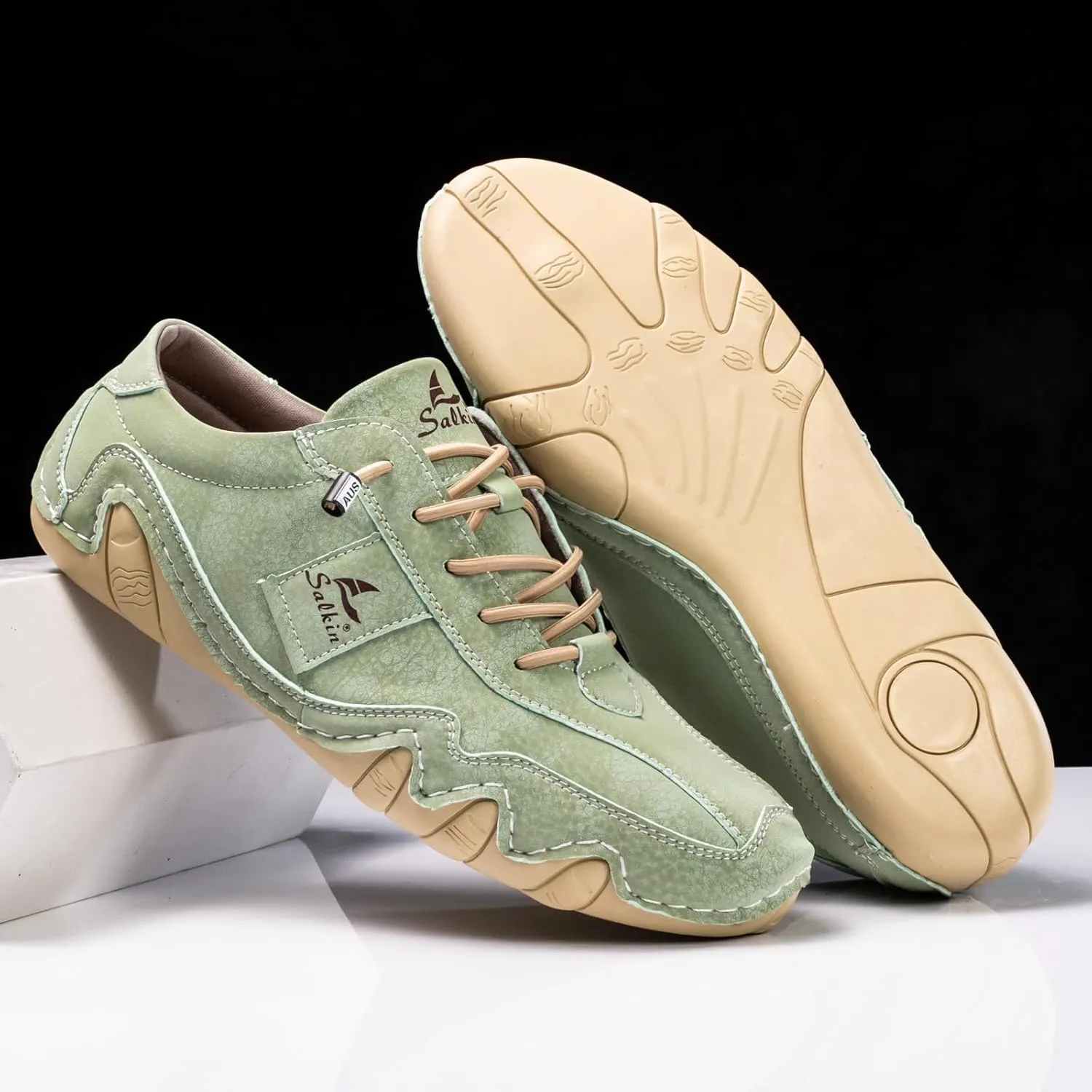 Men's Waterproof Suede Casual Walking Shoes for Hiking Camping & Driving All Season Retro Hand Stitched Round Toe Elastic Lace Up Outdoor Sports Sneakers Comfortable Soft Fashion Sneakers