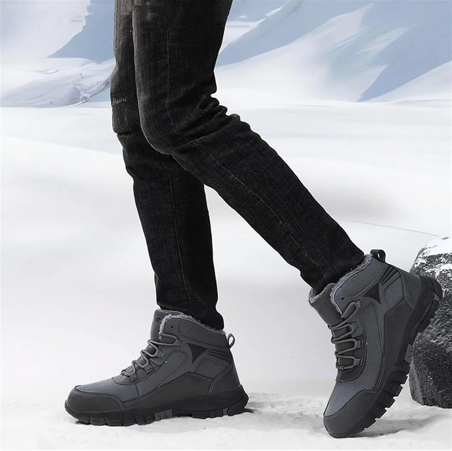 Mens Winter Warm Waterproof Non Slip High Top Fur Lined Snow Boots, Plus Size Hiking Walking Shoes Warm Comfortable, for Hiking, Trekking, Walking, Camping, Outdoor Athletic