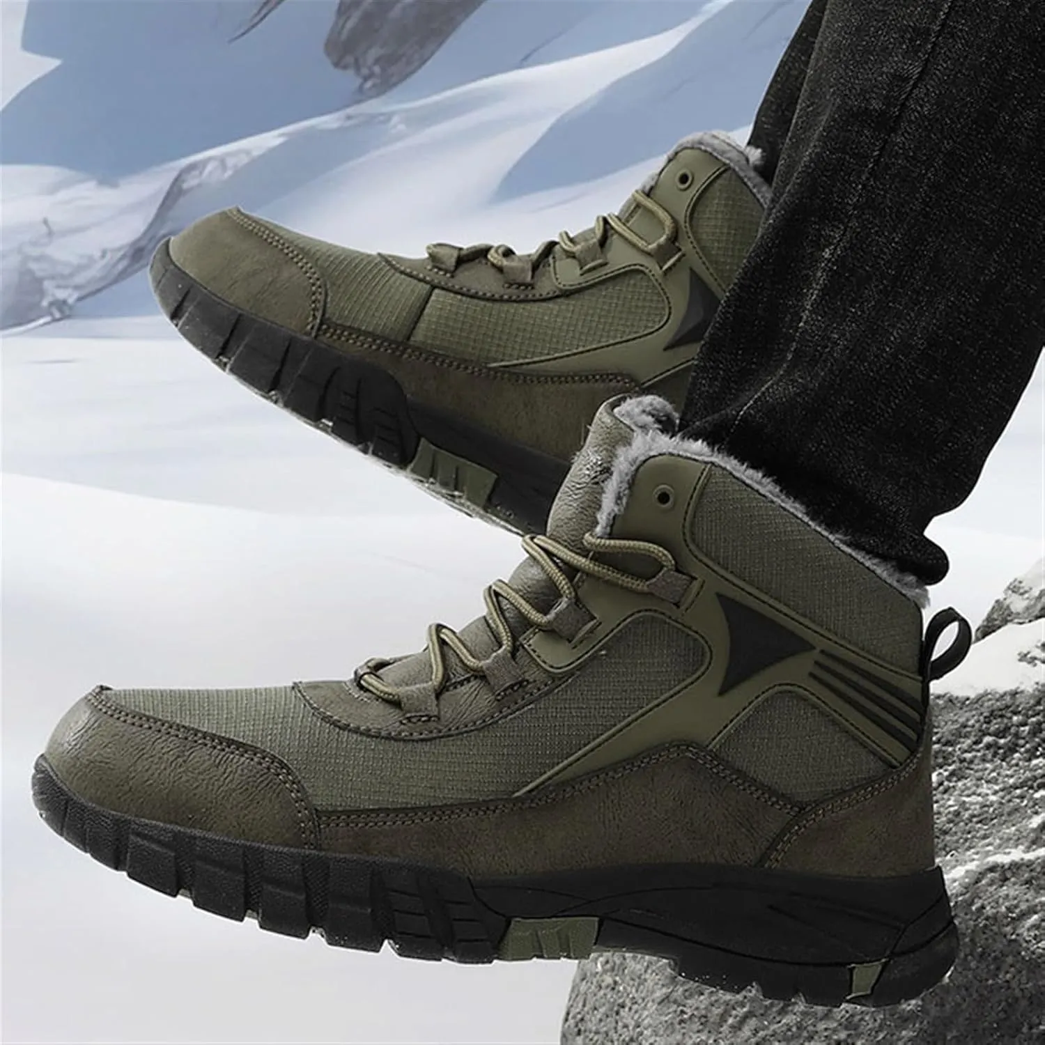 Mens Winter Warm Waterproof Non Slip High Top Fur Lined Snow Boots, Plus Size Hiking Walking Shoes Warm Comfortable, for Hiking, Trekking, Walking, Camping, Outdoor Athletic