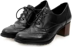 MIOKE Women's Block Heel Pump Oxfords Brogues Wingtip Perforated Lace Up Chunky Mid Vintage Dress Shoes