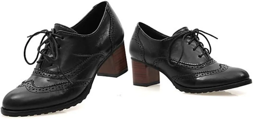 MIOKE Women's Block Heel Pump Oxfords Brogues Wingtip Perforated Lace Up Chunky Mid Vintage Dress Shoes