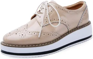 MIOKE Women's Casual Platform Oxford Shoes Wingtip Vintage Lace Up Chunky Mid Heel Dress Wedge Oxfords