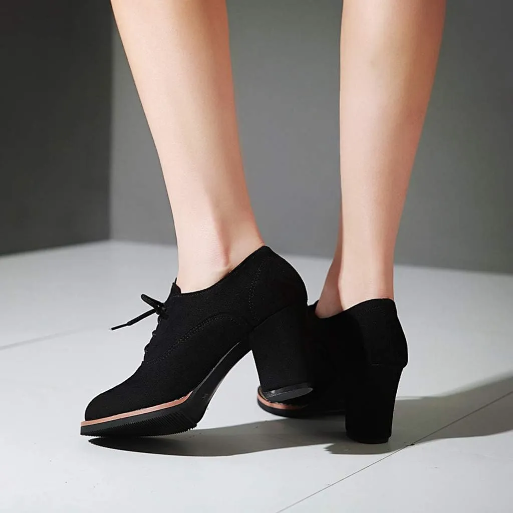 MIOKE Women's Lace Up Pump Oxfords Fashion Round Toe Suede Comfort Chunky Mid Heels Dress Shoes Ankle Boots