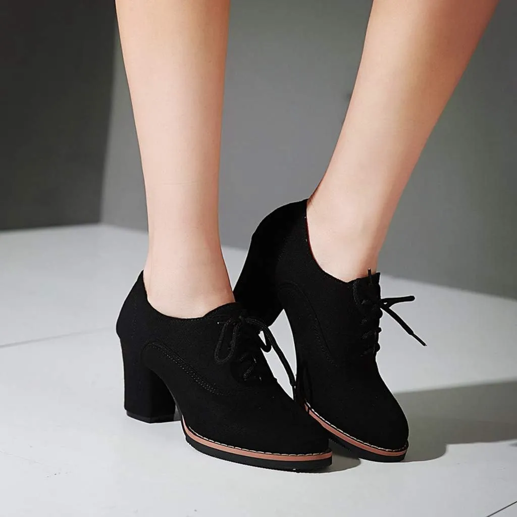 MIOKE Women's Lace Up Pump Oxfords Fashion Round Toe Suede Comfort Chunky Mid Heels Dress Shoes Ankle Boots